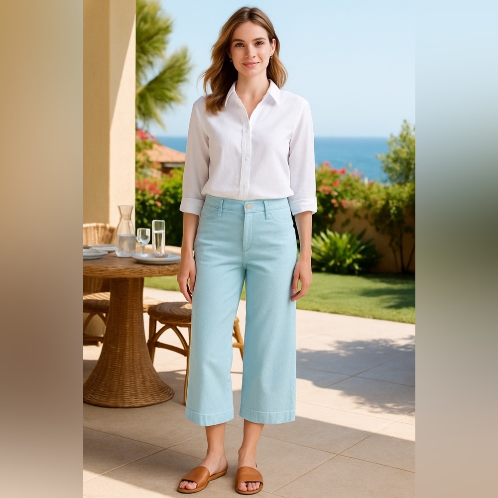 Sandro Light Blue Wide-Leg Cropped Pants Size 12 Cotton Stretch Chic